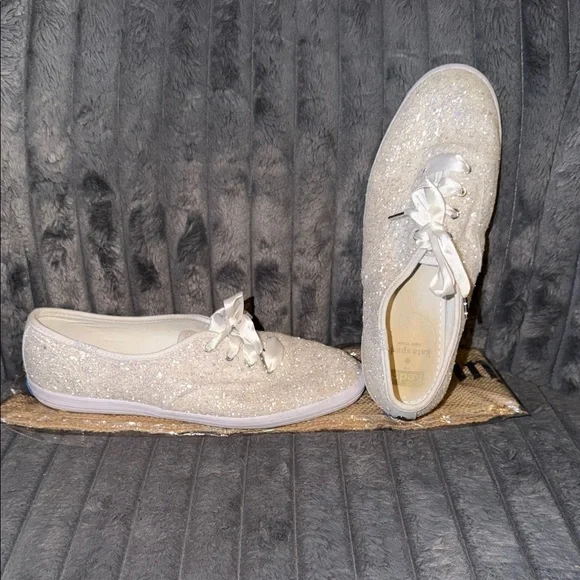 Kate Spade Keds White Pearl Sparkle Ribbon Lace Women's Casual Sneakers WO 8.5 - Picture 1 of 7